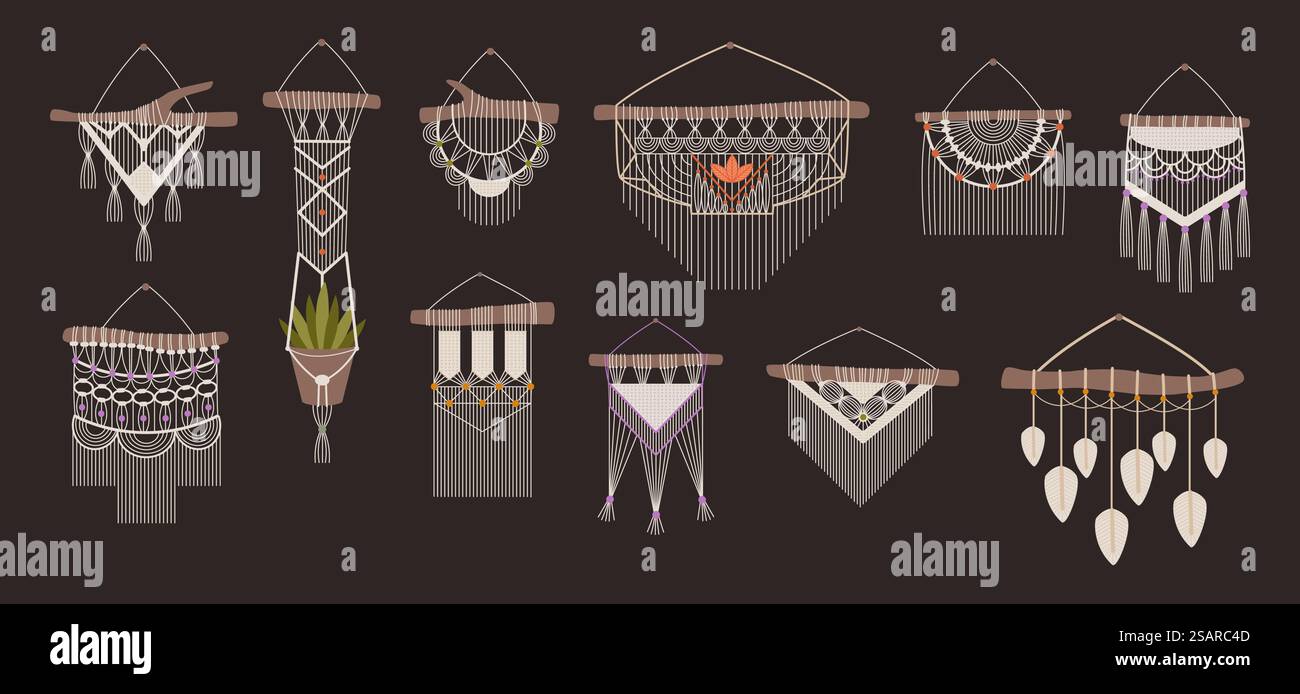Macramé. Décorations murales ethniques artisanales bohème faites de cordes et de nœuds. Ornement de fil tressé accroché sur un bâton en bois. Cintre fait à la main pour pot de fleurs. Ensemble d'éléments d'intérieur pour la maison. Travail de main vectoriel. Macramé. Décorations murales artisanales bohème faites de cordes et de nœuds. Ornement de fil tressé accroché sur un bâton en bois. Cintre fait à la main pour pot de fleurs. Ensemble d'éléments intérieurs. Travail de main vectoriel Illustration de Vecteur