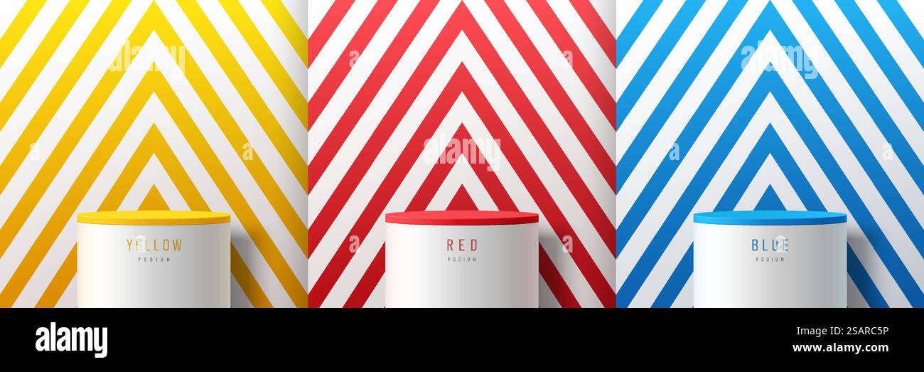 Ensemble de jaune, rouge, bleu, blanc triangles de fond de motif de rayures avec le podium de pied de cylindre blanc. Présentoir de maquettes de scène murale minimal. Formes géométriques vectorielles abstraites. Vitrine ronde sur scène. Illustration de Vecteur