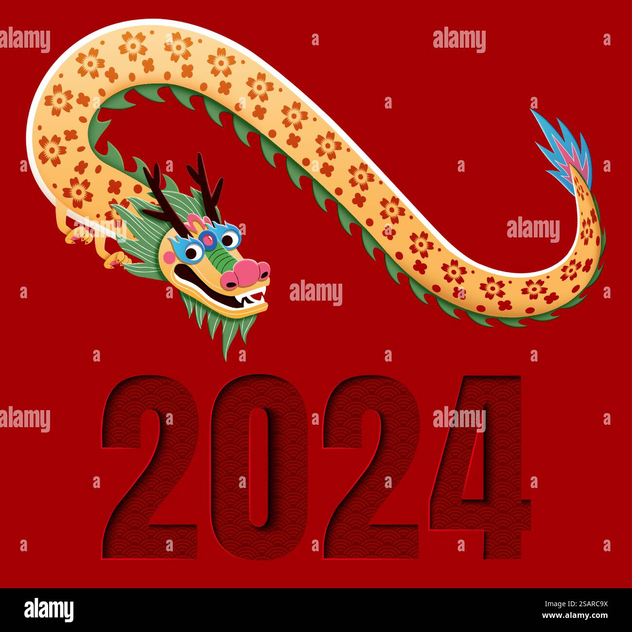 CNY motif fleur dragon et motif vague sculpté 2024 éléments isolés sur fond rouge.. Ensemble d'éléments année dragon CNY Illustration de Vecteur