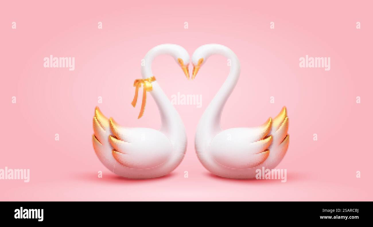 3d élégant couple de cygne blanc avec peinture dorée sur les ailes et les queues. Valentine&rsquo;s Day Elements isolés sur fond rose. 3d élégant couple de cygne blanc Illustration de Vecteur
