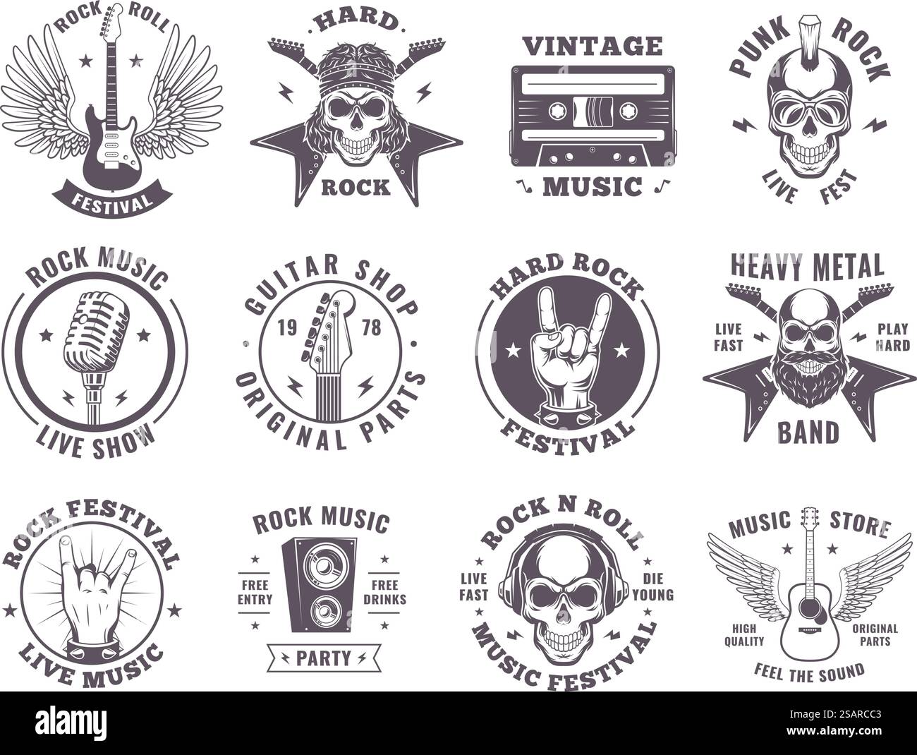 Écussons Rock. Éléments musicaux ailes de guitare microphone emblèmes de feu de moto vecteur exact symboles monochromes collection de musique guitare rock illustration. Écussons Rock. Éléments musicaux guitare ailes microphone emblèmes de feu de moto vecteur exact collection de symboles monochromes Illustration de Vecteur