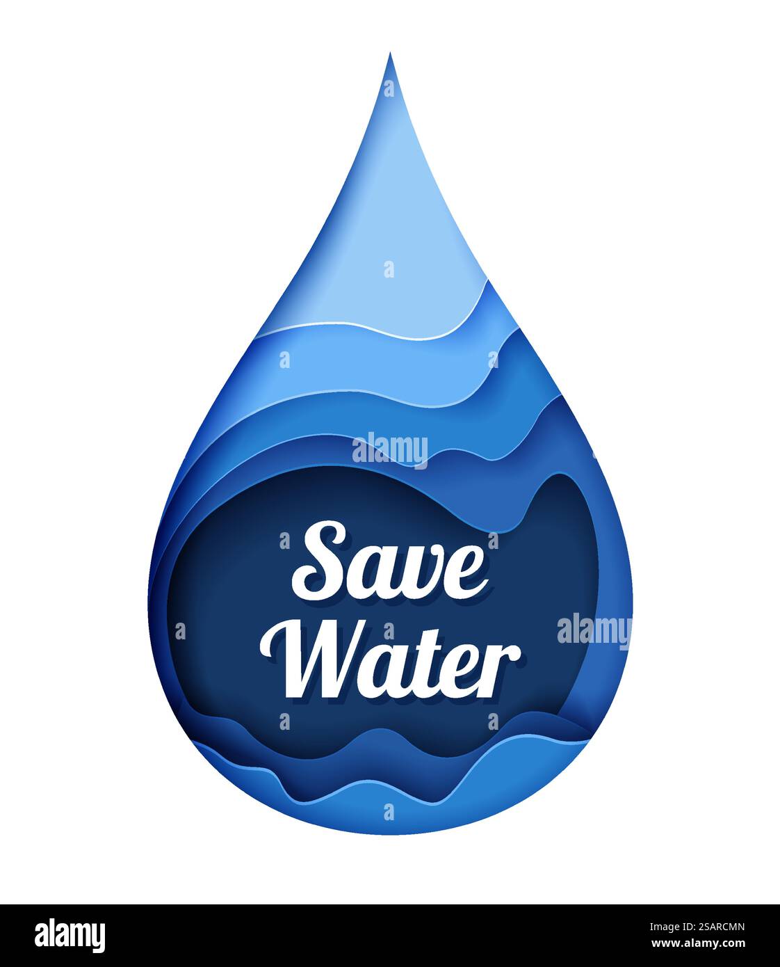 Goutte d'eau bleue de style artisanal coupé en papier avec lettrage Save Water, illustration isolée vectorielle. Conservation de l'eau, écologie, sauver la nature.. Goutte d'eau bleue de style artisanal coupé en papier avec lettrage Save Water, illustration isolée vectorielle. Conservation de l'eau. Illustration de Vecteur