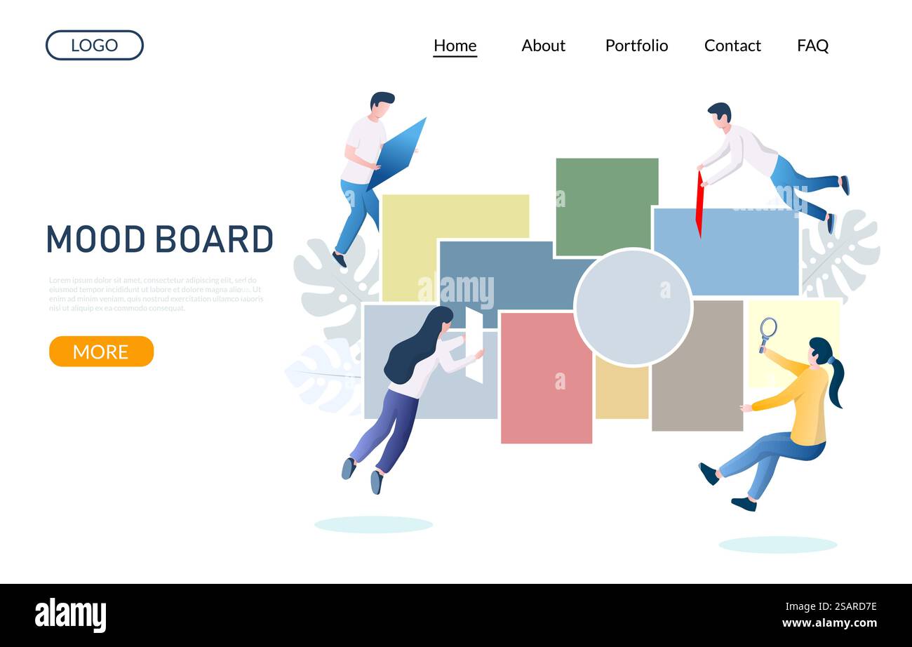 Modèle de site Web vectoriel de tableau d'humeur, conception de page Web et de page de destination pour le développement de site Web et de site mobile. Micro personnages masculins et féminins créant un moodboard d'inspiration énorme.. Modèle de conception de page d'atterrissage de site Web de vecteur de tableau d'humeur Illustration de Vecteur