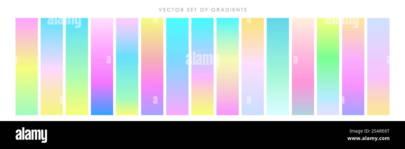 Ensemble de gradients holographiques colorés lumineux. Arrière-plans aux couleurs éclatantes Illustration de Vecteur