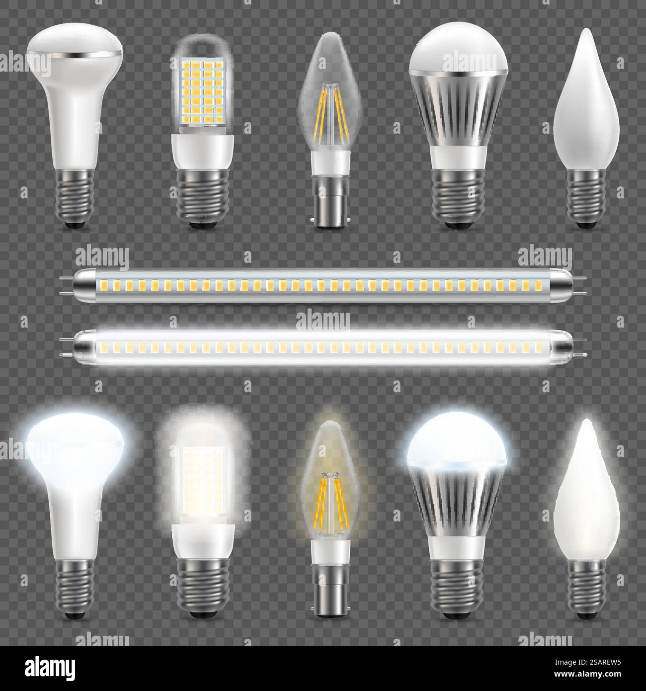 Différents types d'ampoules LED, illustration vectorielle isolée sur fond transparent. ECLAIRAGE économe en énergie, concept de technologie de foudre LED.. Jeu d'ampoules LED, illustration isolée vectorielle Illustration de Vecteur