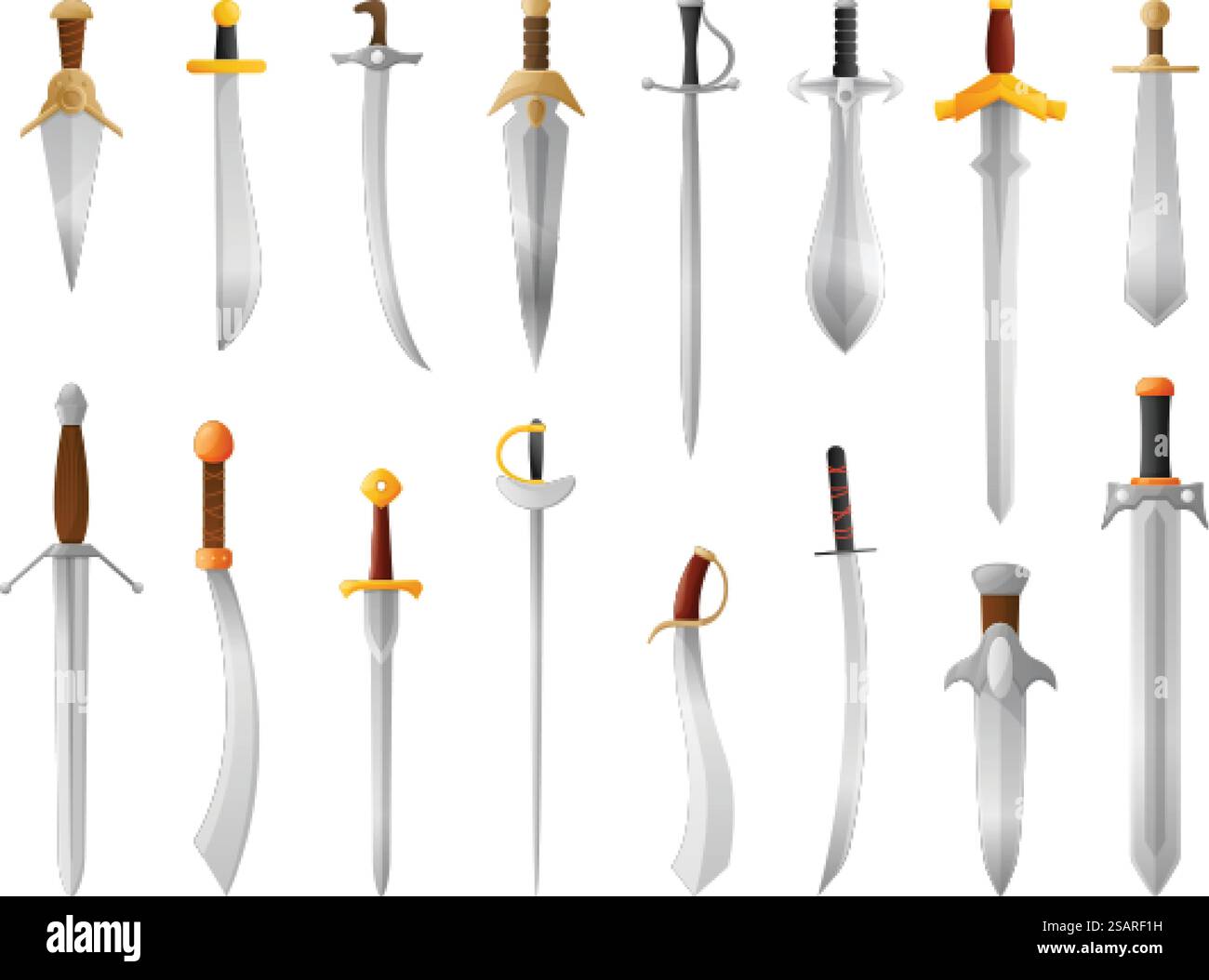 Épée médiévale de dessin animé. Arme à lame métallique, sabre de chevalier et poignard de guerre. Épées antiques illustration vectorielle isolée ensemble d'épées pour le combat, accessoires militaires, objet en acier et en métal. Épée médiévale de dessin animé. Arme à lame métallique, sabre de chevalier et poignard de guerre. Ensemble d'illustration vectorielle isolée d'épées antiques Illustration de Vecteur