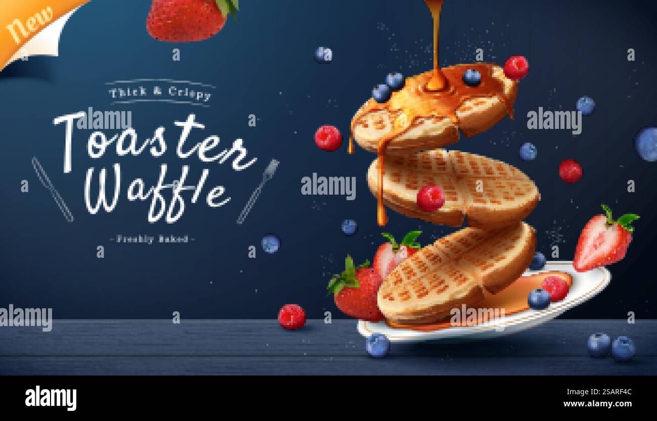 Annonce de gaufre de grille-pain sur fond de table en bois bleu dans l'illustration 3D. Sirop d'érable versant sur des gaufres épaisses et croustillantes avec des fruits à baies. bannière publicitaire gaufrée 3d. Illustration de Vecteur