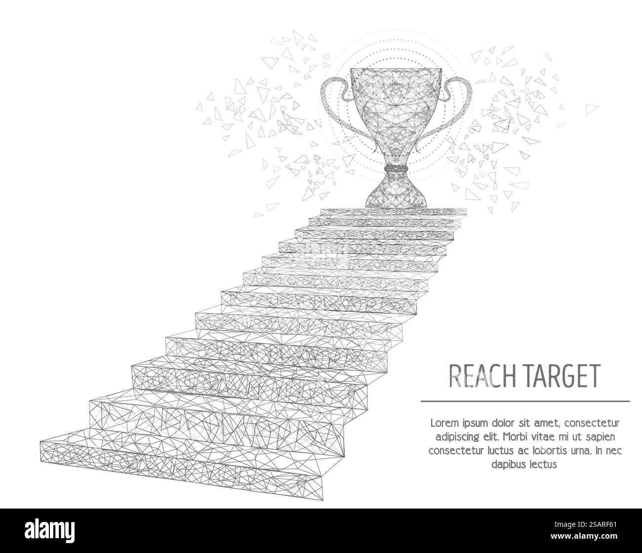 Modèle de bannière Web vecteur cible atteint. Escalier à la coupe de trophée, maille filaire poly noire basse sur fond blanc. Voyage d'affaires, chemin vers le succès concept polygonal illustration de style d'art .. Atteindre modèle de bannière cible, illustration de style artistique polygonal vectoriel Illustration de Vecteur