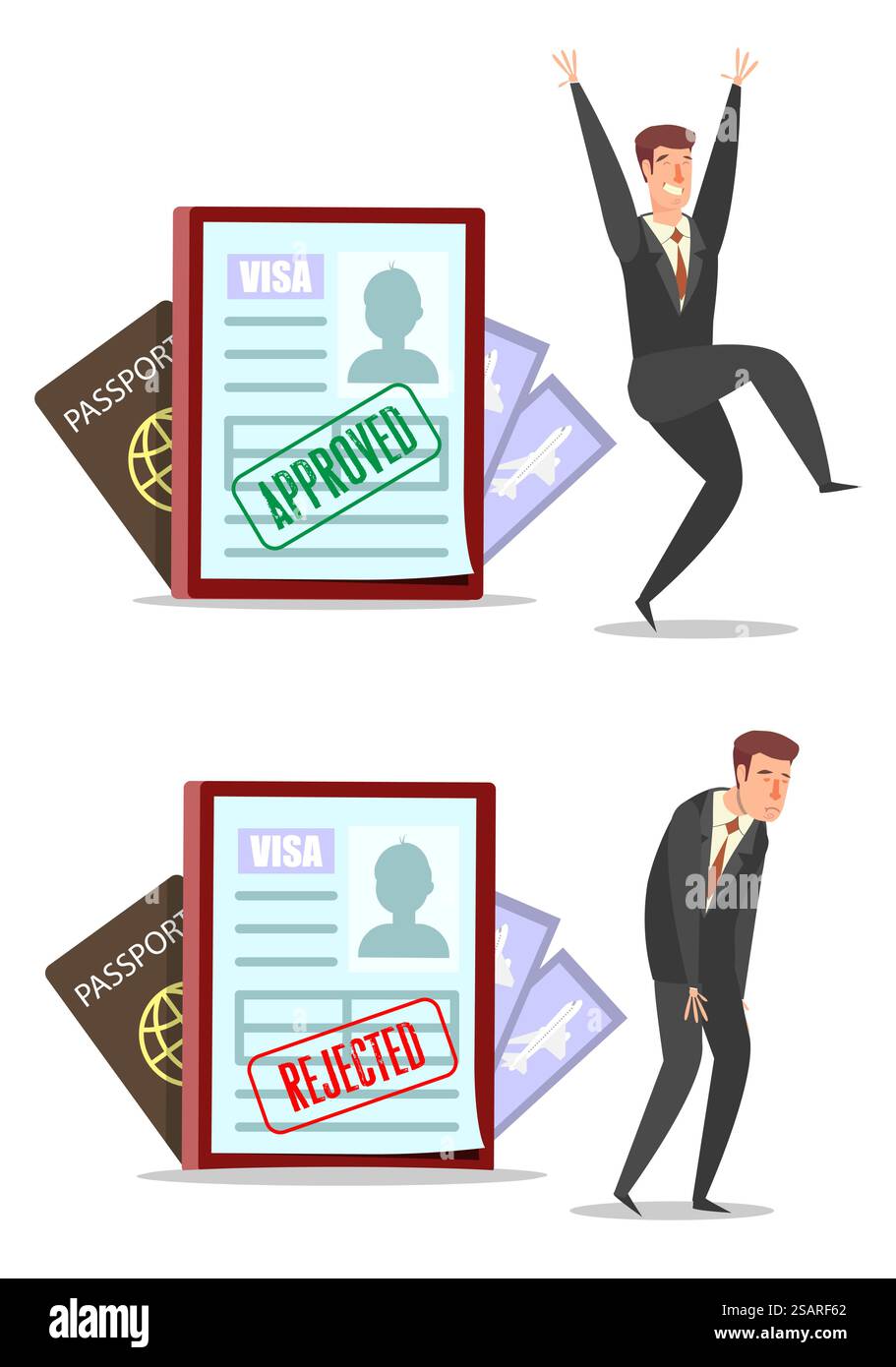 Demandes de visa avec des timbres approuvés et rejetés, personnages de dessins animés heureux et tristes d'hommes d'affaires, illustration de conception de style plat vectoriel .. Demandes de visa approuvées et rejetées avec des caractères, illustration plate vectorielle Illustration de Vecteur