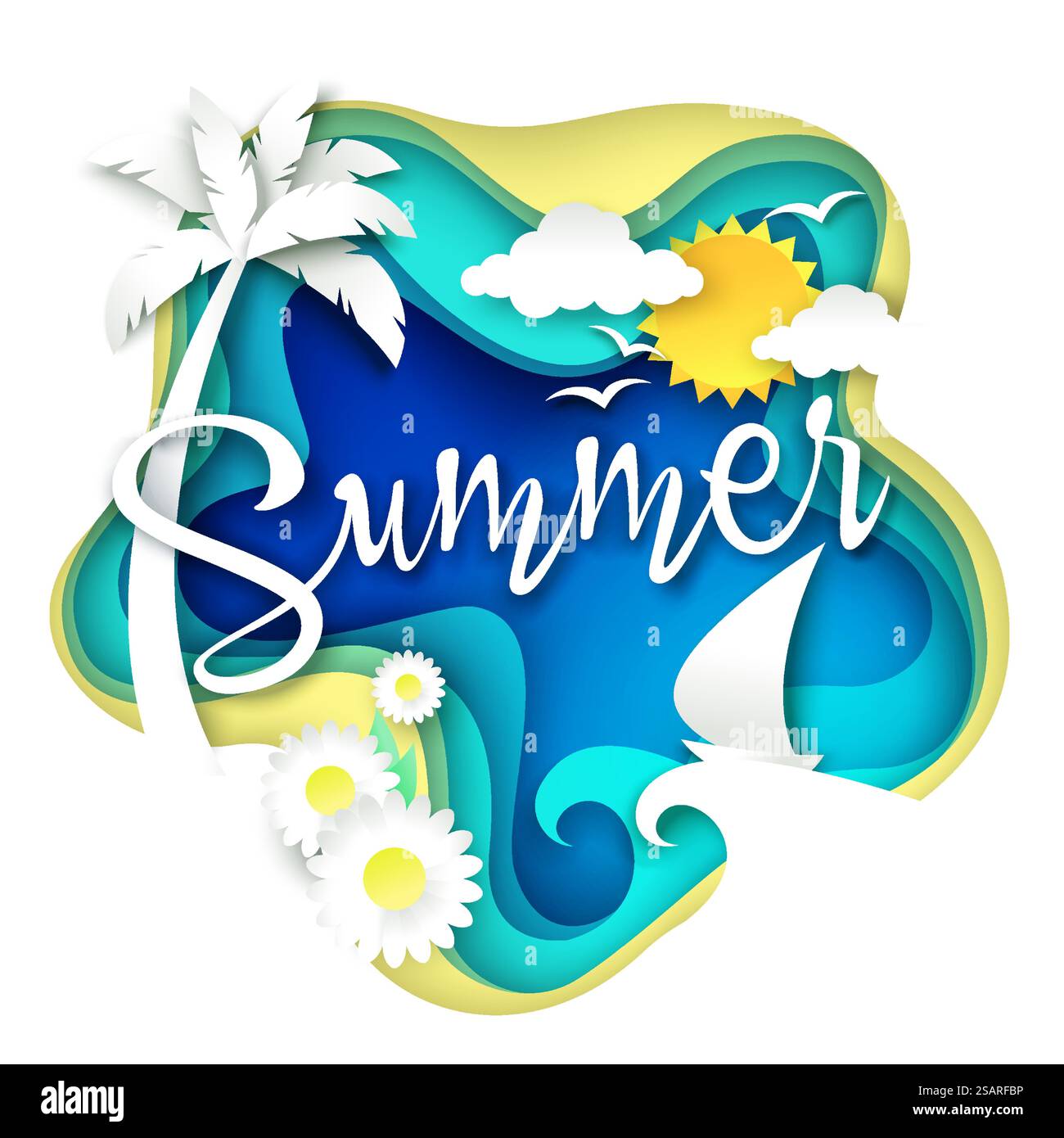 Illustration vectorielle de style d'art de papier superposé d'été. Belle composition tropicale avec des vagues océaniques coupées en papier, bateau, palmier, fleurs, nuages de soleil, mouettes. Typographie créative de lettrage à la main d'été. Illustration vectorielle de style d'art de papier superposé d'été Illustration de Vecteur