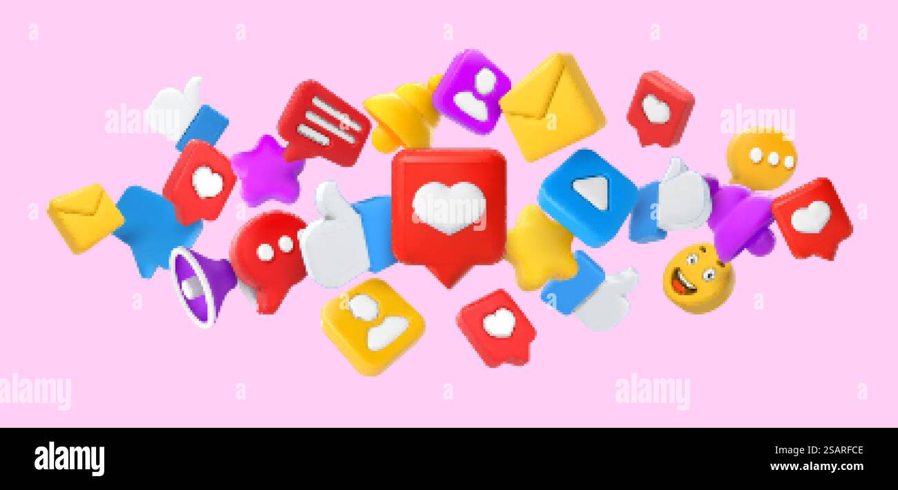 Concept 3d de médias sociaux. Pouces levés, coeur comme et sourire emoji. Favoris étoile, commentaire et icône de cloche de notification illustration vectorielle des médias sociaux 3D. Concept 3d de médias sociaux. Pouces levés, coeur comme et sourire emoji. Illustrations vectorielles d'icônes d'étoiles, de commentaires et de notifications favoris Illustration de Vecteur