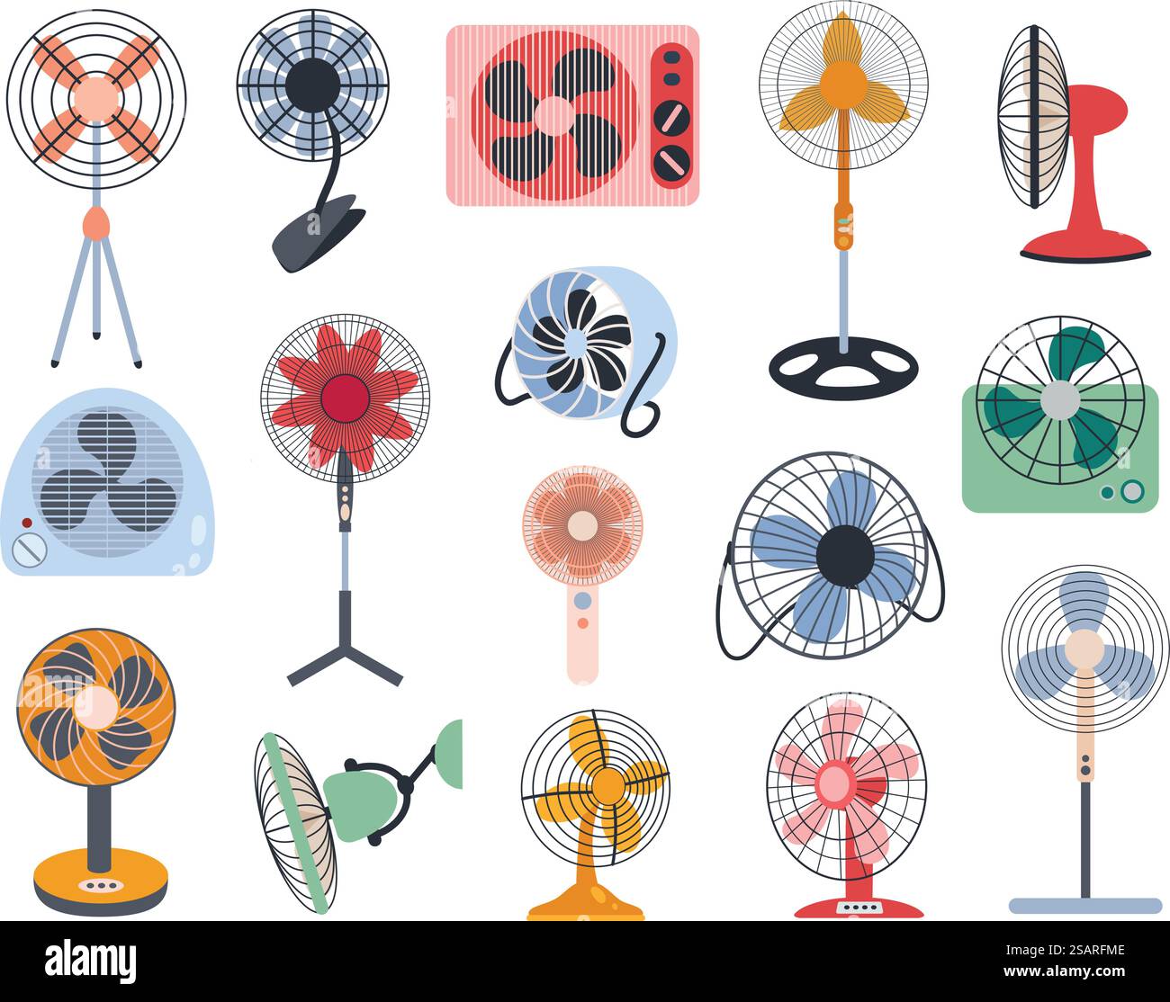 Ventilateurs électriques. Équipement climatique de circulation d'air, types de ventilateurs de refroidissement pour l'ensemble de vecteurs de dessin animé par temps chaud. Différents outils pour la maison et le bureau debout sur le sol, la table et accroché au mur. Ventilateurs électriques. Équipement climatique de circulation d'air, types de ventilateurs de refroidissement pour l'ensemble de vecteurs de dessin animé par temps chaud Illustration de Vecteur