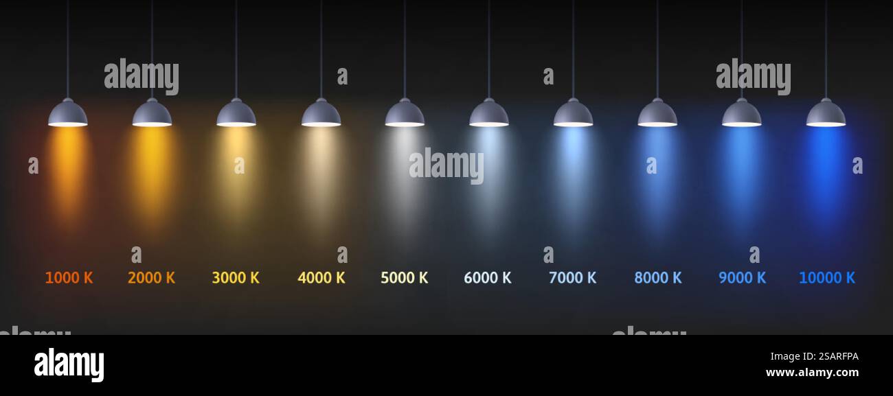 Echelle de température de couleur. Tableau de couleurs des lumières intérieures en Kelvins, illustration vectorielle de lampes d'éclairage froides et chaudes. Spectre d'intensité lumineuse, gradation des couleurs, indicateurs d'intensité des nuances. Echelle de température de couleur. Tableau de couleurs des lumières intérieures en Kelvins, illustration vectorielle de lampes d'éclairage froides et chaudes Illustration de Vecteur