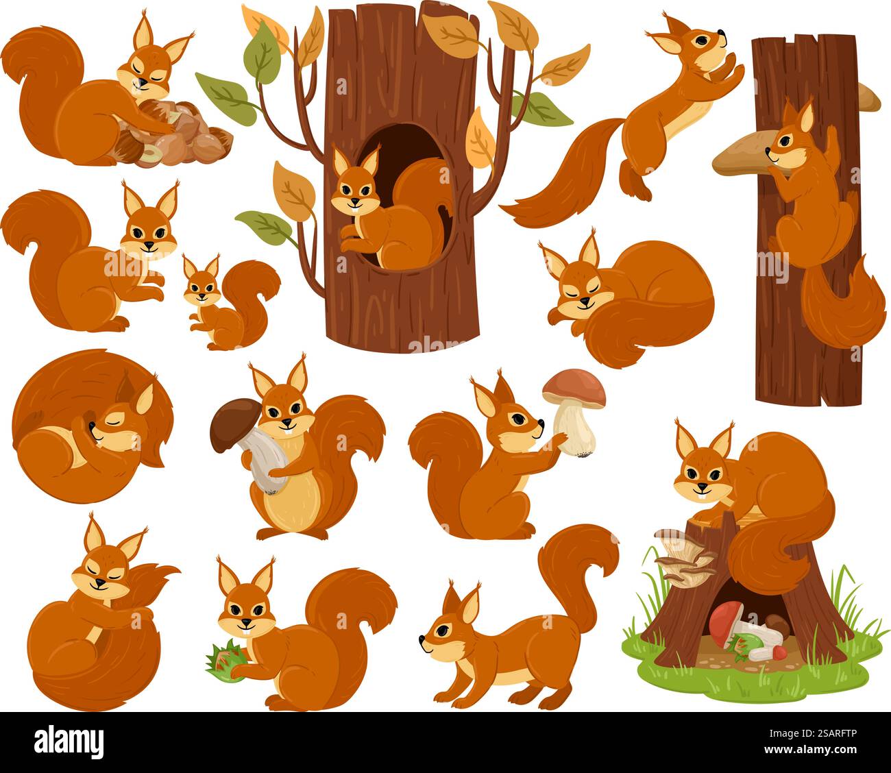 Personnage animal de forêt d'écureuil de dessin animé, dormir, sauter, jouer. Ensemble d'illustration vectorielle d'écureuil sauvage de forêt. Animaux rongeurs de faune de bois mignons. Écureuil de dessin animé dans la collection de bois. Personnage animal de forêt d'écureuil de dessin animé, dormir, sauter, jouer. Ensemble d'illustration vectorielle d'écureuil sauvage de forêt. Animaux rongeurs de faune de bois mignons Illustration de Vecteur
