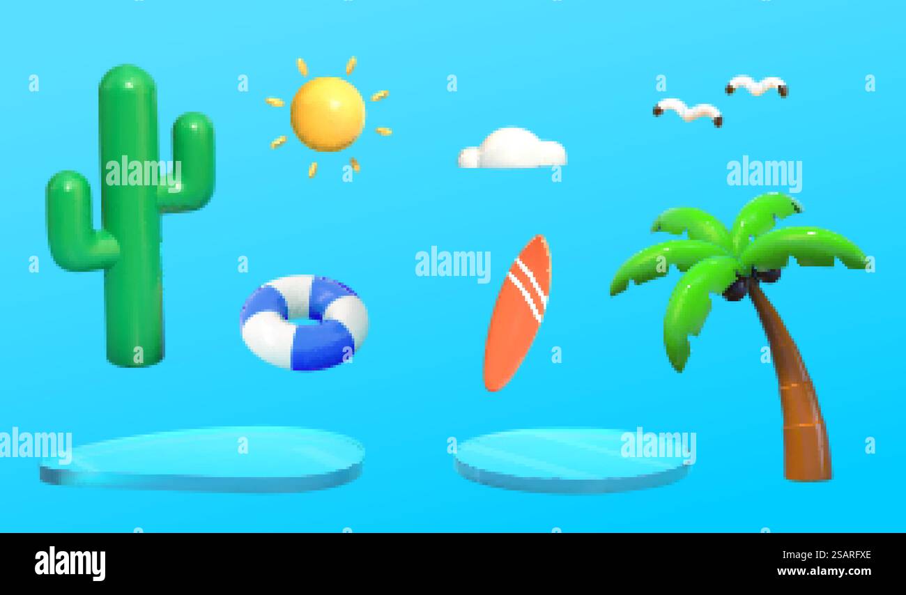 objets de plage d'été 3d. Illustration de plantes tropicales, équipement d'exercice aquatique et éléments météorologiques, etc sur fond bleu. objets de plage d'été 3d Illustration de Vecteur