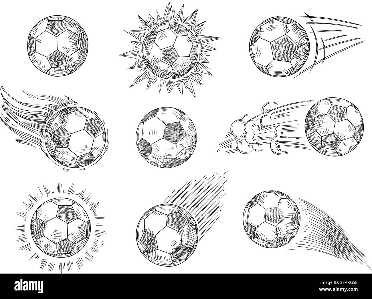 Dessinez des ballons de football. Ballon de football d'association volant dessiné à la main, sport européen et jeu d'illustration vectorielle de balle noire et blanche de mouvement rapide. Mouvements dynamiques, passe-temps récréatif actif. Dessinez des ballons de football. Ballon de football d'association volant dessiné à la main, sport européen et jeu d'illustration vectorielle de balle noire et blanche de mouvement rapide Illustration de Vecteur