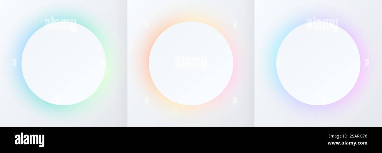 Ensemble de cadre de cercle bleu, rose-violet et vert sur fond blanc. Toile de fond abstraite de couleur cosmique 3D. Collection de couleur néon éclatante sur fond géométrique avec espace de copie. Vue de dessus. Vecteur EPS10 Illustration de Vecteur