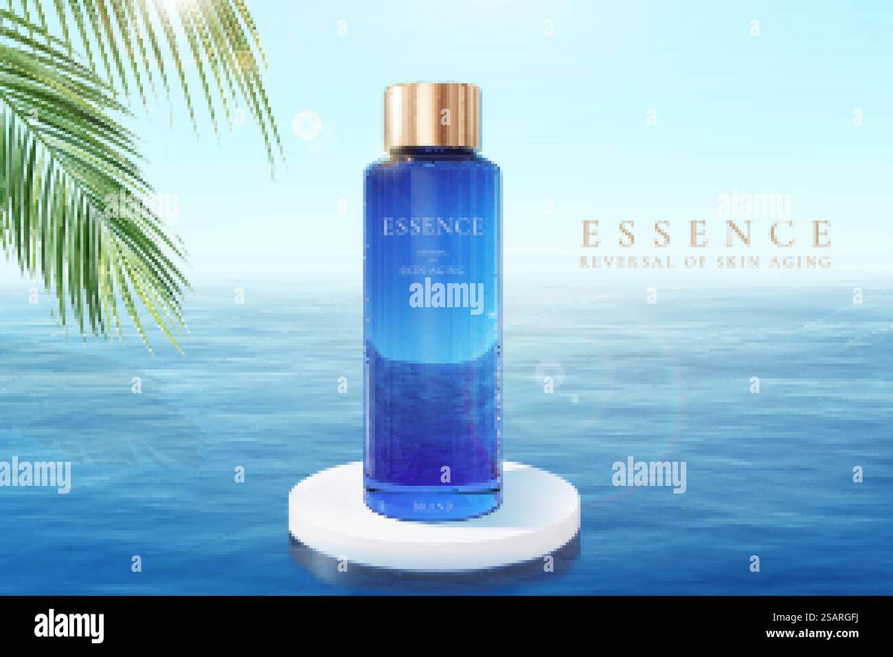 sérum hydratant 3d ou modèle d'annonce de toner. Maquette de bouteille en verre bleu placée sur un podium rond au milieu de l'océan bleu.. sérum hydratant 3d ad template Illustration de Vecteur