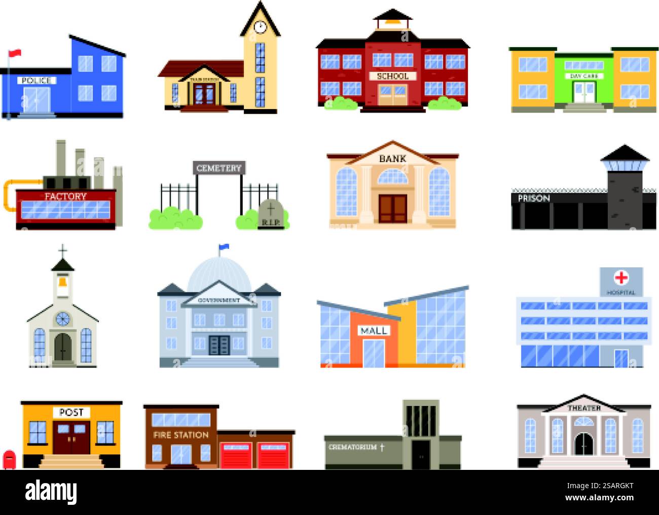 Bâtiments municipaux de la ville. Bâtiment du gouvernement, police et caserne de pompiers. Banque de ville, théâtre de ville et ensemble de vecteur d'école. Gouvernement, commercial et centres religieux dans la ville isolé sur blanc. Bâtiments municipaux de la ville. Bâtiment du gouvernement, police et caserne de pompiers. Banque de ville, théâtre de ville et ensemble de vecteur d'école Illustration de Vecteur