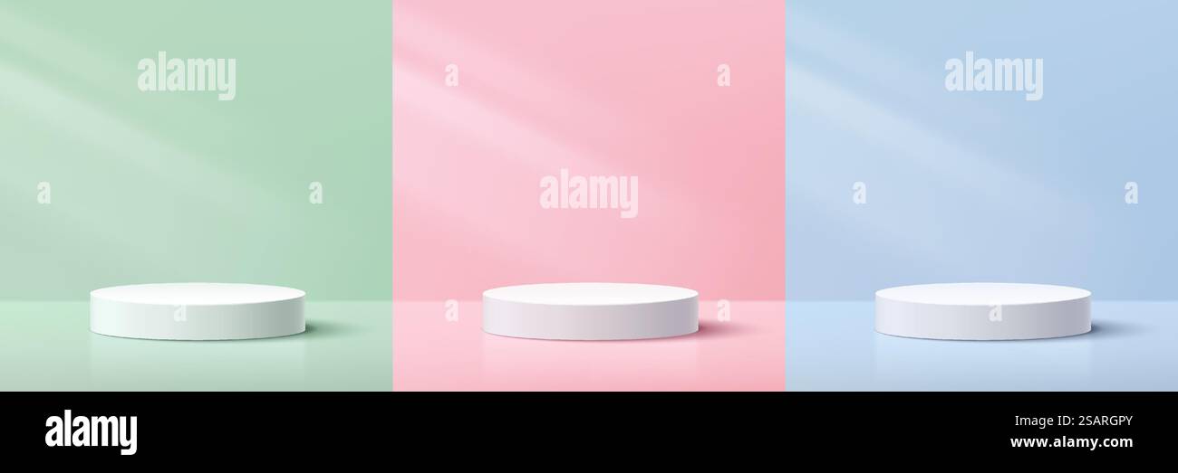 Ensemble de podium de pied cylindrique blanc et gris. Design de la collection plateforme vert pastel, bleu, rose. Rendu vectoriel de la forme 3D. Présentation de produits cosmétiques. Scène murale minimale abstraite. Illustration de Vecteur