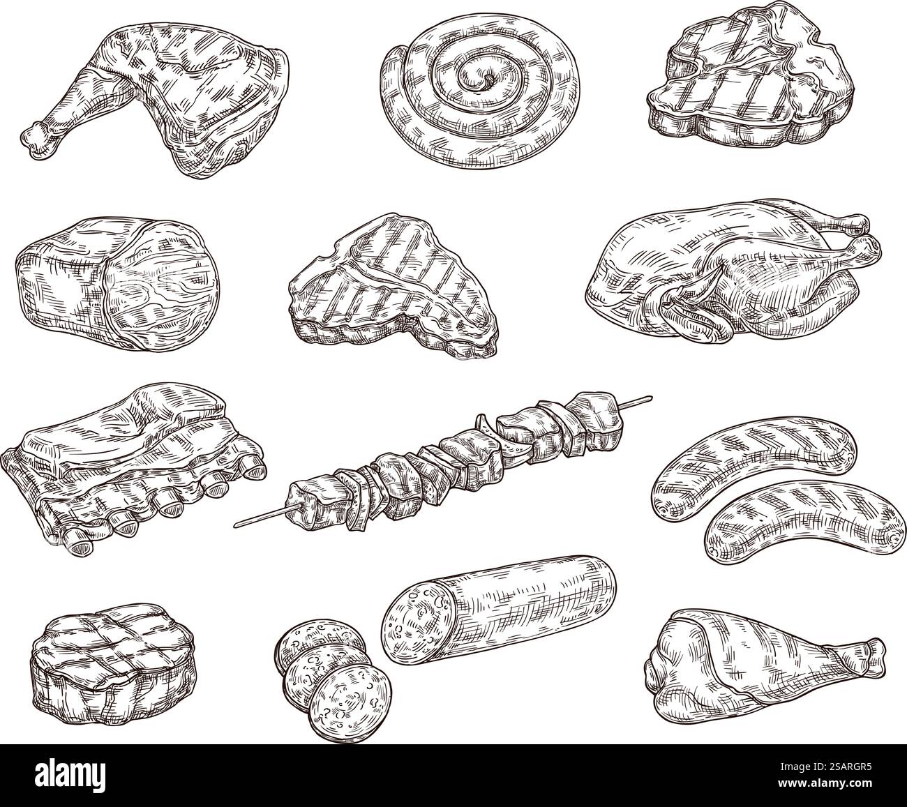 Croquis de viande. Steak grillé, saucisses et kebab. Barbecue de boeuf, côtes de porc et poulet grillé dessiné à la main vecteur de gravure ensemble de viande de steak, illustration de nourriture de barbecue. Croquis de viande. Steak grillé, saucisses et kebab. Barbecue de bœuf, côtes de porc et poulet grillé ensemble de vecteur de gravure dessiné à la main Illustration de Vecteur
