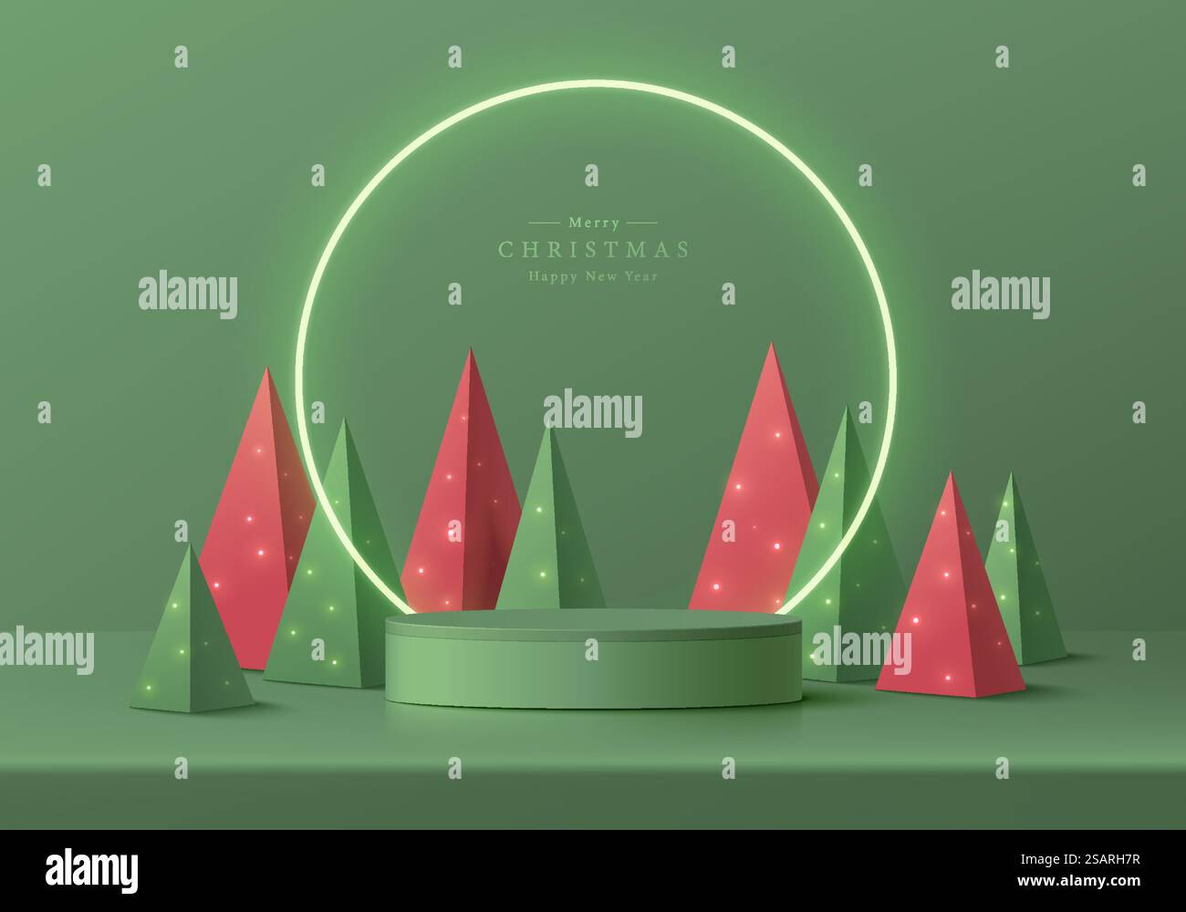 Podium de piédestal cylindrique 3D réaliste abstrait, fond d'éclairage néon cercle. Sapin de noël pyramidal rouge et vert. Présentoir de maquettes de scène murale minimal. Joyeux noël et bonne année étape. Illustration de Vecteur