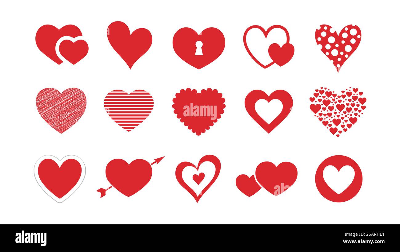 Collection de formes rouges de vecteur de symbole de coeur. Diverses icônes plates isolées sur fond blanc. Saint-Valentin différents cœurs. Ensemble d'éléments de conception de signe d'amour Illustration de Vecteur