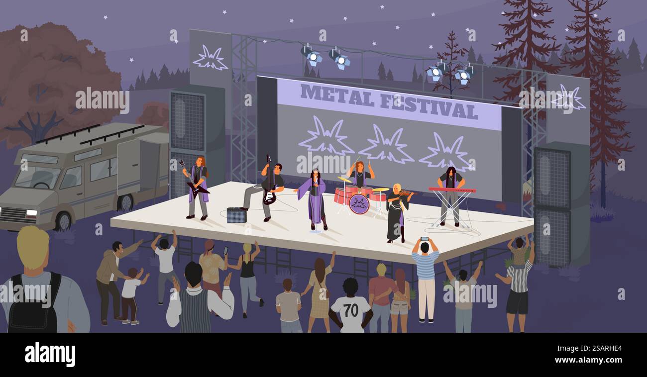 Illustration vectorielle de célébration de festival de rock heavy metal. Fête en plein air dans le parc de la ville avec un groupe musical sur scène, une foule excitée de gens dansant sous le ciel étoilé. Illustration vectorielle de célébration de festival de rock heavy metal Illustration de Vecteur
