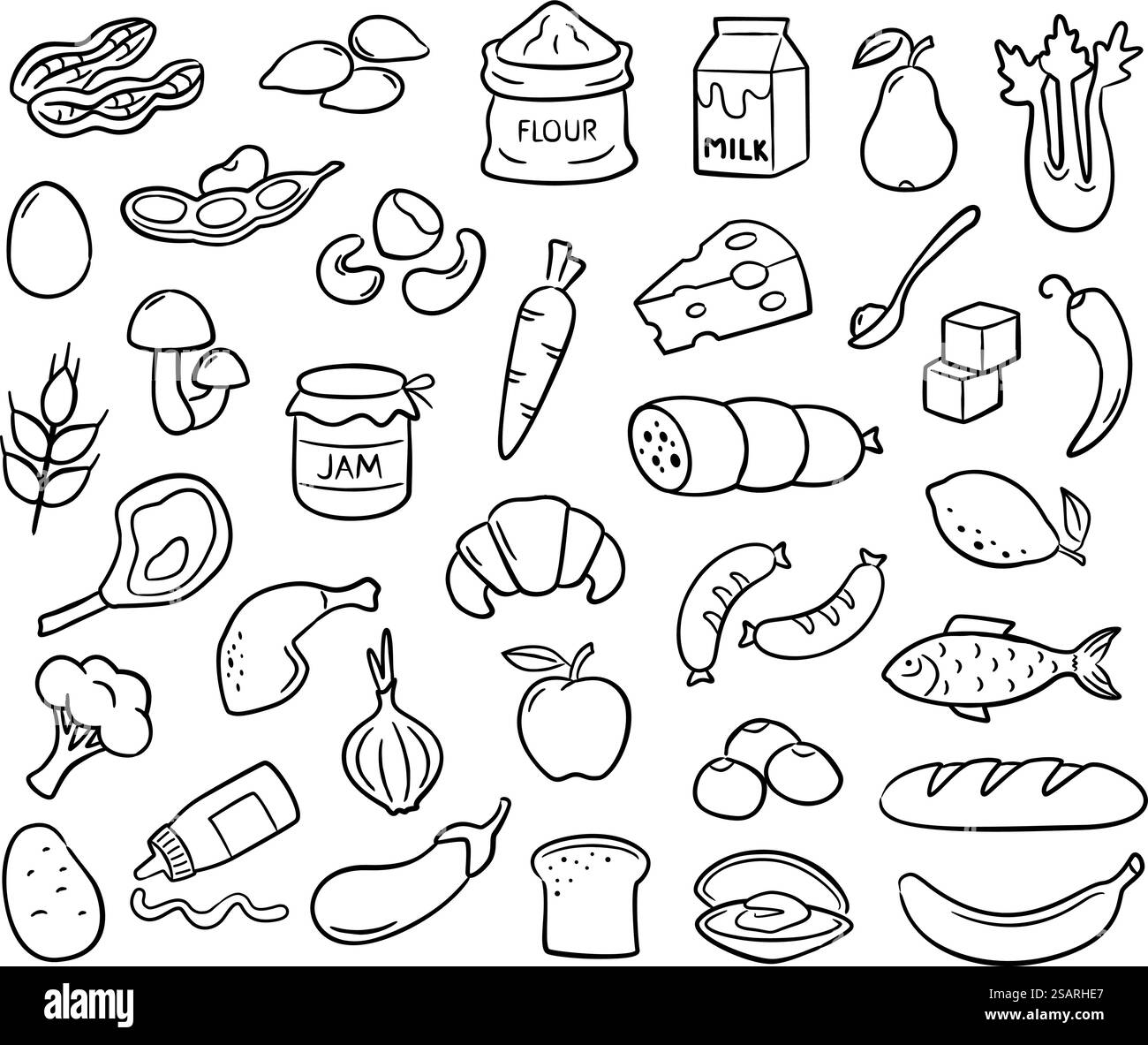 Icônes de produits alimentaires dessinées à la main. Doodle produits d'épicerie pour la conception de menus et l'emballage alimentaire. Manger ensemble d'illustration vectorielle. Légumes et fruits, pain et viande comme saucisse et poulet. Icônes de produits alimentaires dessinées à la main. Doodle produits d'épicerie pour la conception de menus et l'emballage alimentaire. Manger ensemble d'illustration vectorielle Illustration de Vecteur