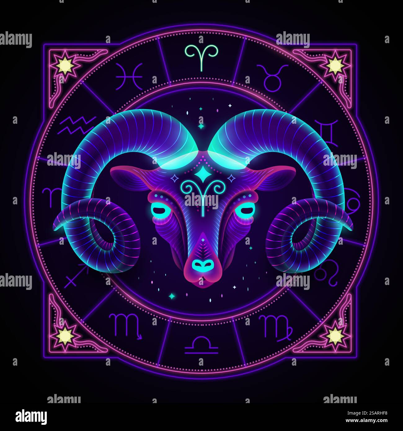 Signe du zodiaque du Bélier représenté par un bélier comme le feu de l'esprit. Symbole horoscope néon en cercle avec d'autres signes d'astrologie autour.. Néon signe du zodiaque du Bélier Illustration de Vecteur