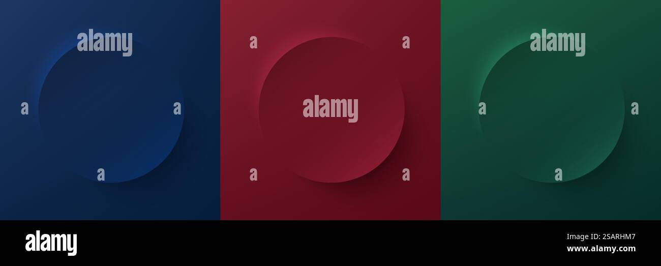 Ensemble de conception de cadre de tableau de cercle bleu foncé, rouge et vert foncé. Scène de piédestal 3D réaliste abstrait pour l'affichage du produit dans la conception de vue de dessus. Collection de fond géométrique de luxe avec espace de copie. Illustration de Vecteur