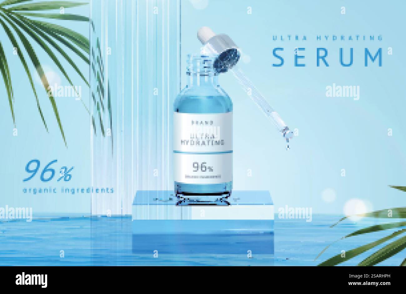 scène d'affichage de produit 3d minimal pour sérum, essence ou huile essentielle. La bouteille compte-gouttes se tient sur le podium en verre cube au milieu de l'eau. Convient pour les produits de soin bio ou hydratants.. scène d'eau 3d pour le produit de sérum Illustration de Vecteur