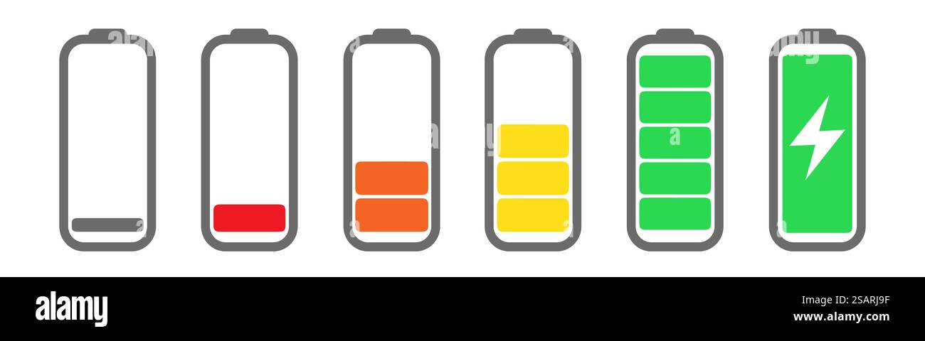 Icônes de batterie définies. Niveau de charge de la batterie. Icône de charge. Illustration vectorielle de contour dans un style plat Illustration de Vecteur