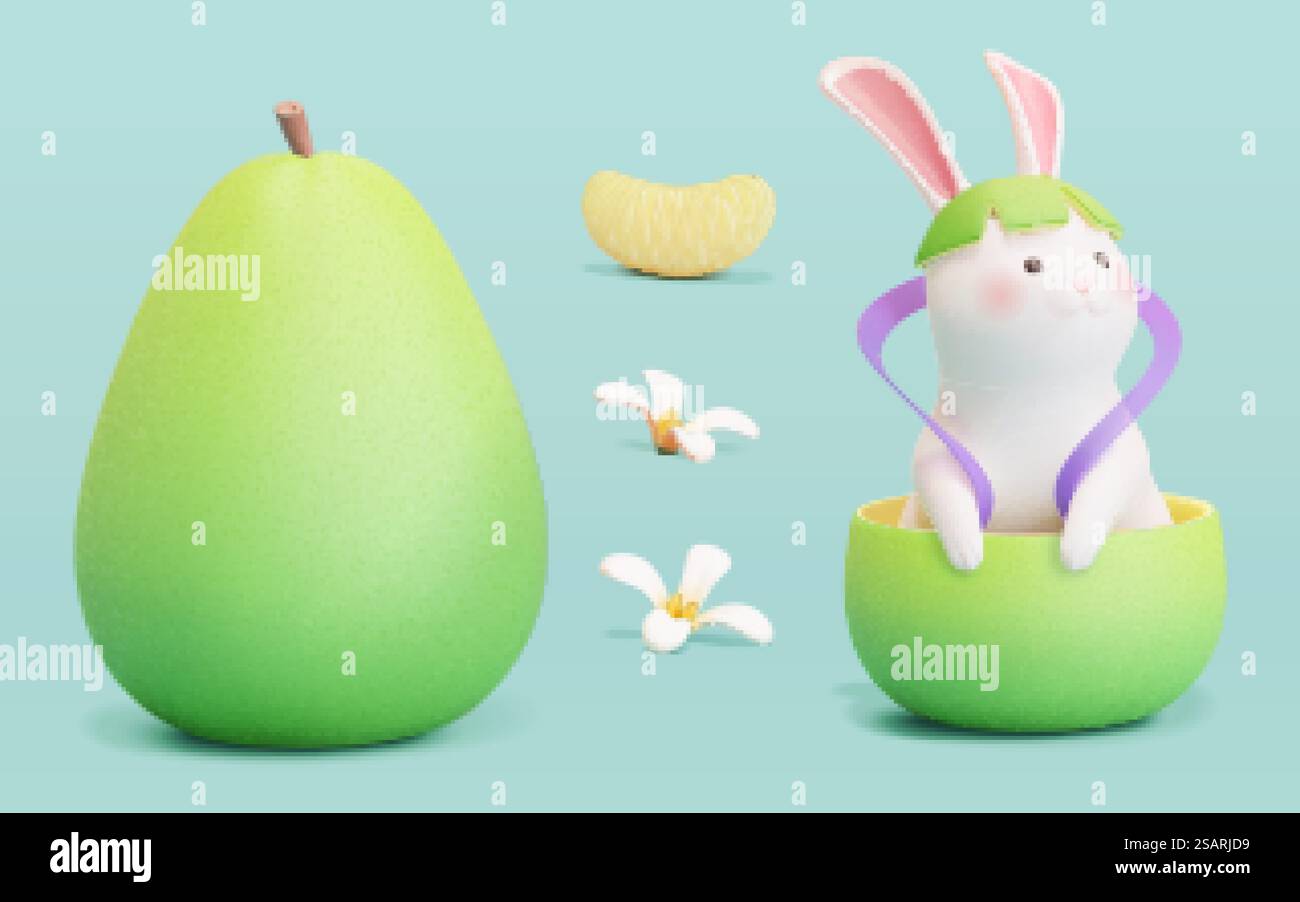 3d Mid Autumn élément alimentaire ensemble isolé sur fond bleu, y compris pomelo, fleurs d'osmanthus et lapin de jade mignon assis dans pomelo.. Ensemble d'éléments 3d Mid Autumn Festival Illustration de Vecteur