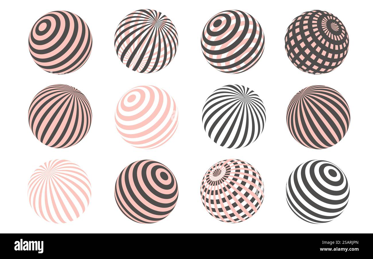 Silhouettes de sphères abstraites vectorielles avec des points et des rayures pour les conceptions de logo et de web. Boules demi-teintes noires et beiges avec texture différente isolées sur fond blanc Illustration de Vecteur