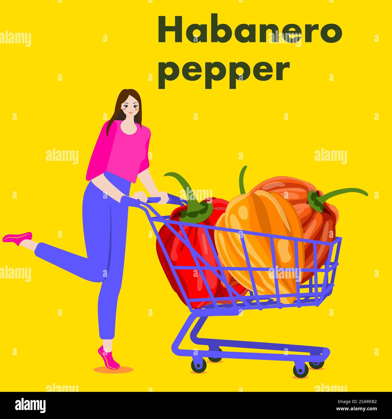 Une femme tient un chariot avec des piments Habanero. Piments du Chili. Illustration vectorielle isolée. Illustration de Vecteur