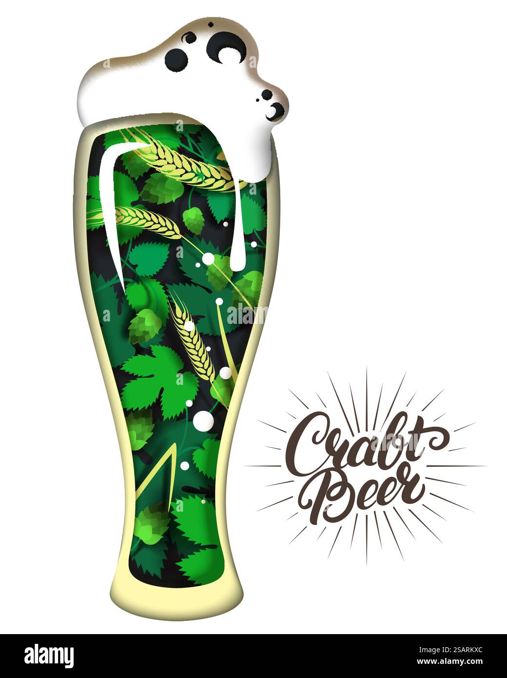 Tasse de bière avec de la mousse et des branches de houblon, oreilles de blé à l'intérieur, illustration vectorielle dans le style d'art de papier. Typographie de lettrage à la main de bière artisanale. Composition créative de bière pour brasserie, menu, affiche, bannière etc.. Illustration vectorielle de tasse de bière artisanale dans le style d'art de papier Illustration de Vecteur