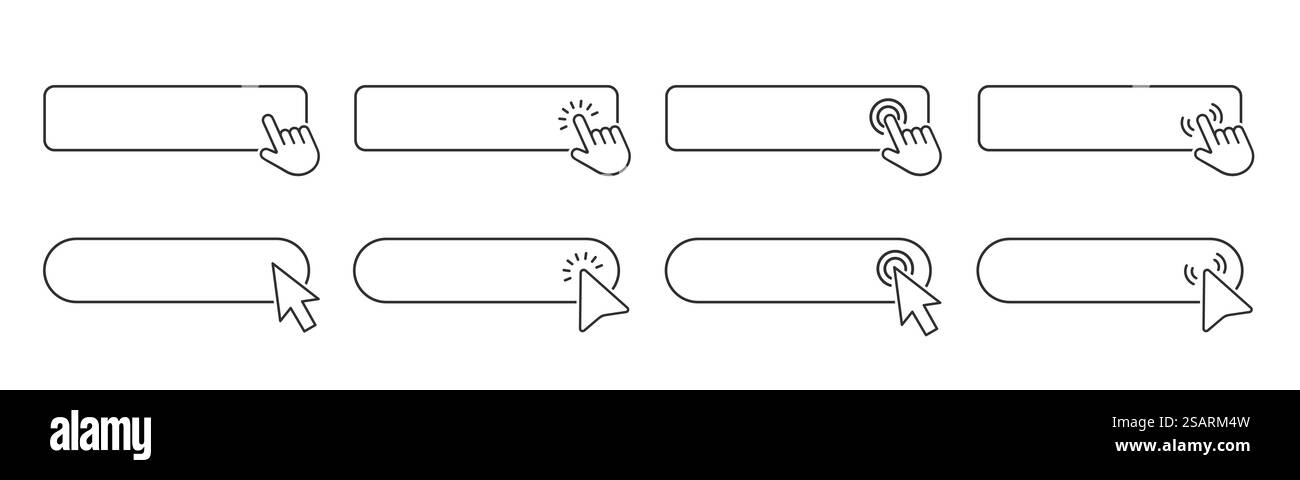Cliquez ici avec le curseur de la main ou de la souris. Cliquez sur le bouton d'action. Icône de pointeur à main avec champ de recherche. Défini pour la conception de site Web Illustration de Vecteur
