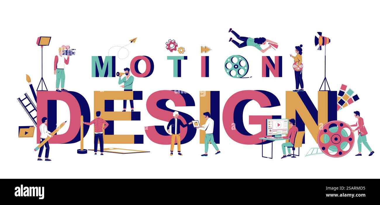Modèle de bannière vectorielle de typographie de motion design. Équipe talentueuse et créative de professionnels du design et du marketing créant des vidéos animées. Industrie de l'animation et des graphiques animés, production vidéo.. Modèle de bannière de typographie de conception de mouvement, illustration plate vectorielle Illustration de Vecteur