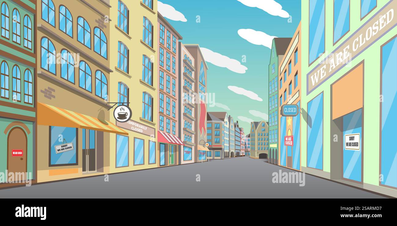 Rue vide du centre-ville, illustration vectorielle. Belle rue commerçante piétonne avec commerces fermés, boutiques, restaurants, café. Quarantaine, mesures de distanciation sociale dues à l'épidémie de coronavirus. Rue vide du centre-ville avec magasins fermés, illustration vectorielle Illustration de Vecteur