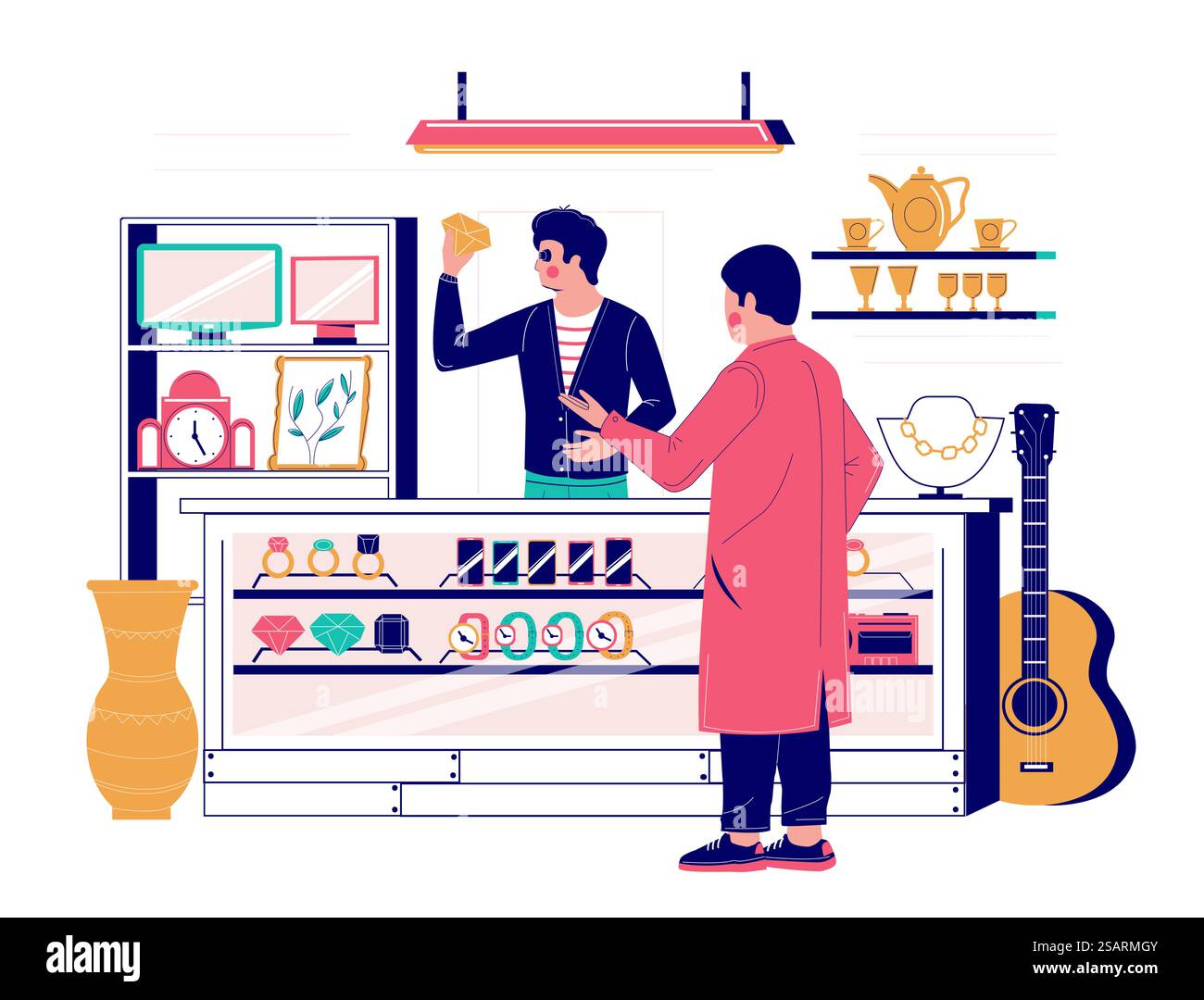 Services de prêteur sur gage, illustration plate vectorielle. Personnage masculin client visitant le prêteur sur gage pour obtenir un prêt et laisser la pierre précieuse comme garantie. Expert en bijoux évaluateur ou prêteur sur gage faisant l'évaluation de celui-ci.. Services de prêteur sur gage, illustration de conception de style plat vectoriel Illustration de Vecteur