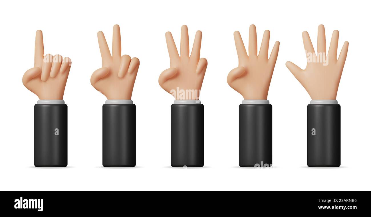 Jeu de mains 3D montre les doigts isolés. Rendre les mains de dessin animé comptant de un à cinq nombres. Collection de gestes des mains, langage corporel, icône Emoji. Illustration vectorielle. Jeu de mains 3D montre les doigts Illustration de Vecteur