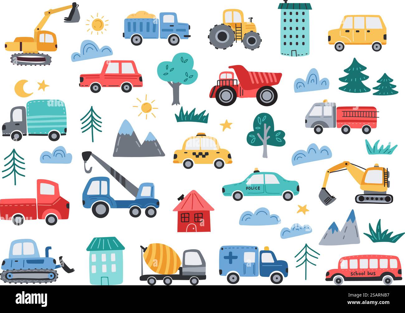 Voitures mignonnes. Véhicules de construction et transport urbain. Tracteur simple dessiné à la main, excavatrice minimale et drôle d'illustration vectorielle de grue de levage de camion de voiture et de machines de transport. Voitures mignonnes. Véhicules de construction et transport urbain. Tracteur simple dessiné à la main, excavatrice minimale et ensemble d'illustration vectorielle drôle de grue de levage Illustration de Vecteur