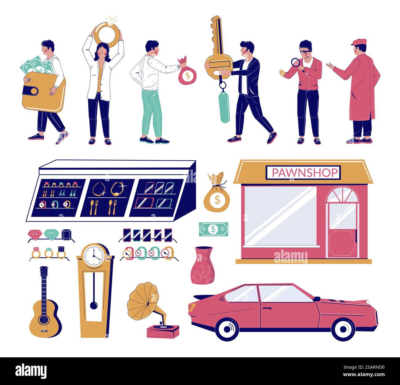 Jeu de caractères de dessin animé Pawnshop, illustration isolée plate vectorielle. Bijoutier de prêteur sur gage, prêteur sur gage, client. Bâtiment de prêteur sur gage, voiture, bijoux, pierres précieuses, antiquités, téléphones portables de guitare pour collatéral.. Jeu de caractères de dessin animé Pawnshop, illustration isolée plate vectorielle Illustration de Vecteur