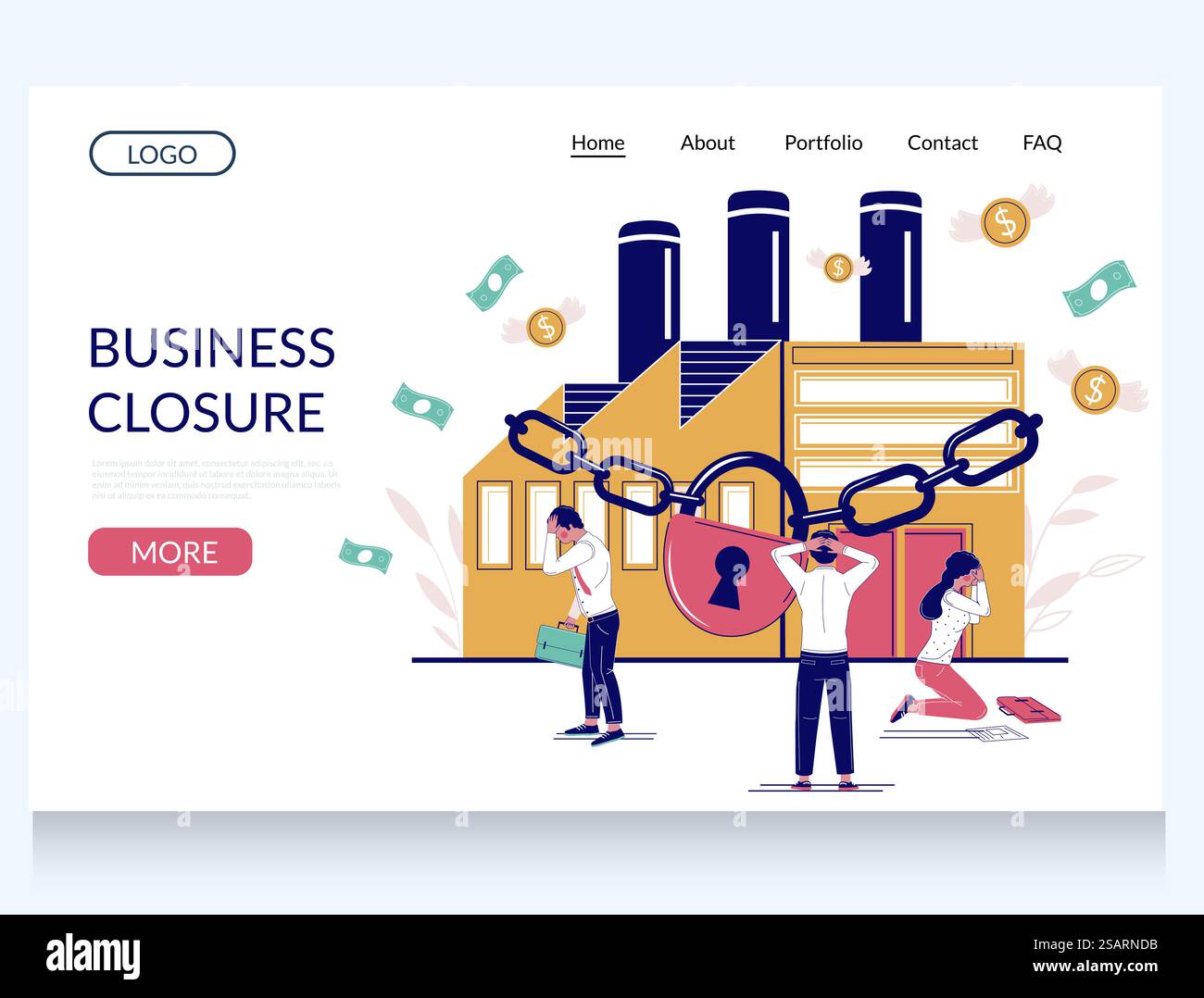 Modèle de site Web de vecteur de fermeture d'entreprise, conception de page de destination pour le développement de site Web et de site mobile. Employés stressés devant un bâtiment d'usine enchaîné. Arrestation commerciale.. Modèle de page de destination de site Web de vecteur de fermeture d'entreprise Illustration de Vecteur