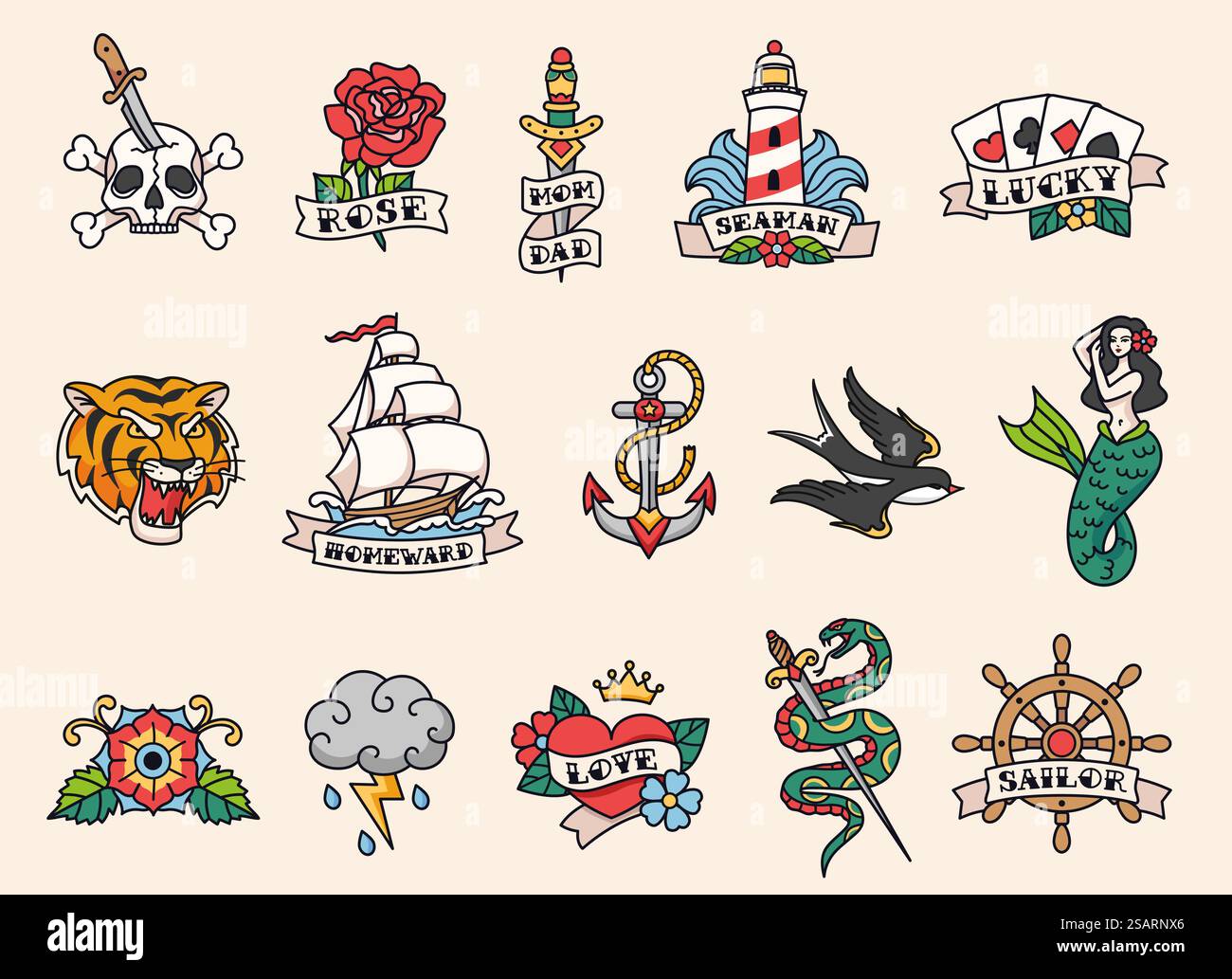 Motifs de tatouage marin. Style de tatouage old School, tatouages de couleur traditionnels américains avec des contours noirs audacieux. Ensemble d'illustrations vectorielles dessinées à la main. Autocollants colorés comme sirène, rose et phare. Motifs de tatouage marin. Style de tatouage old School, tatouages de couleur traditionnels américains avec des contours noirs audacieux. Ensemble d'illustrations vectorielles dessinées à la main Illustration de Vecteur
