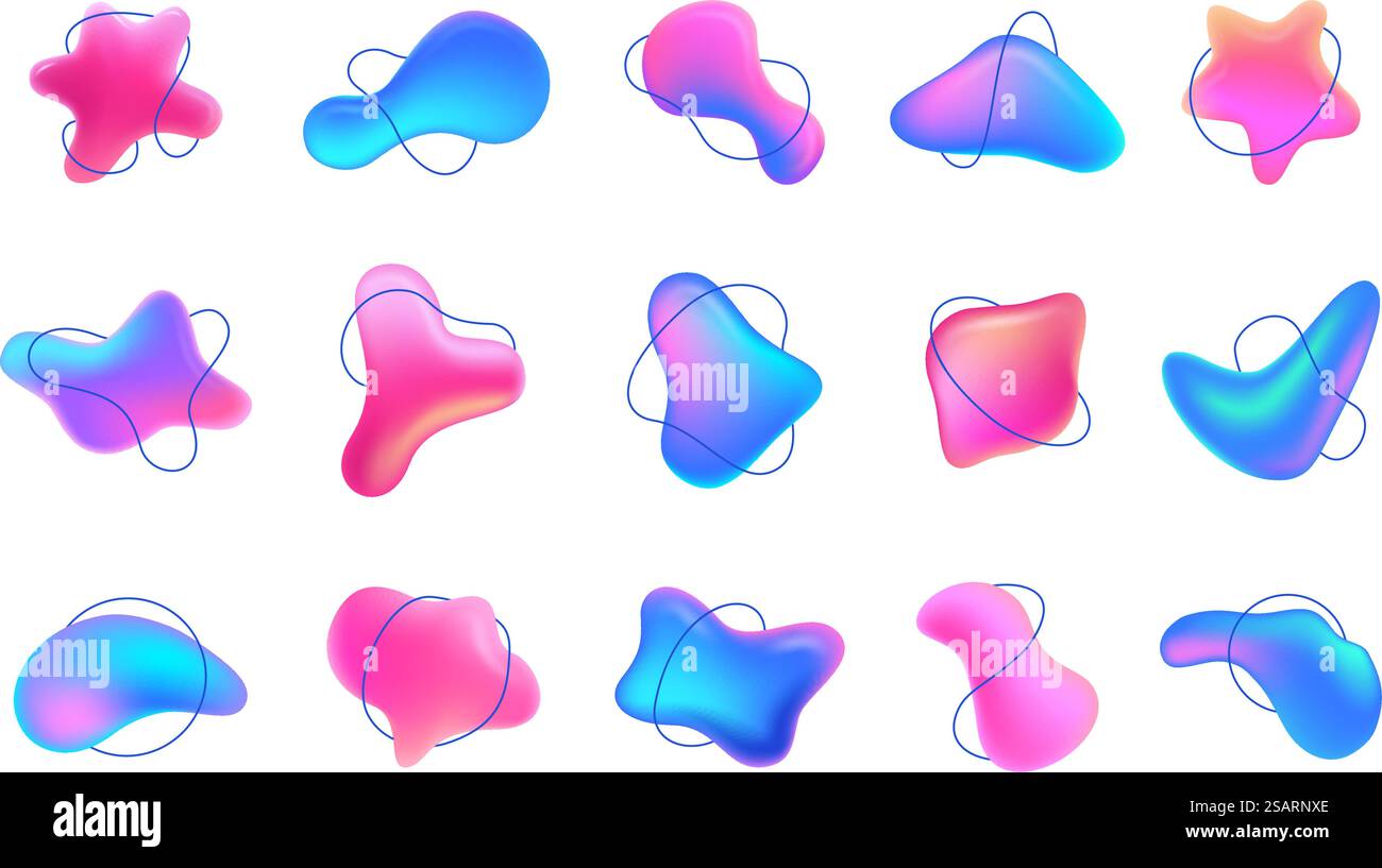 Dégradés 3D de forme de tache abstraite. Arrière-plans fluides dynamiques et formes dégradées tridimensionnelles vibrantes pour des designs modernes et un ensemble d'éléments vectoriels de marque. Collection unique d'éléments asymétriques. Dégradés 3D de forme de tache abstraite. Arrière-plans fluides dynamiques et formes dégradées tridimensionnelles vibrantes pour des designs modernes et un ensemble d'éléments vectoriels de marque Illustration de Vecteur