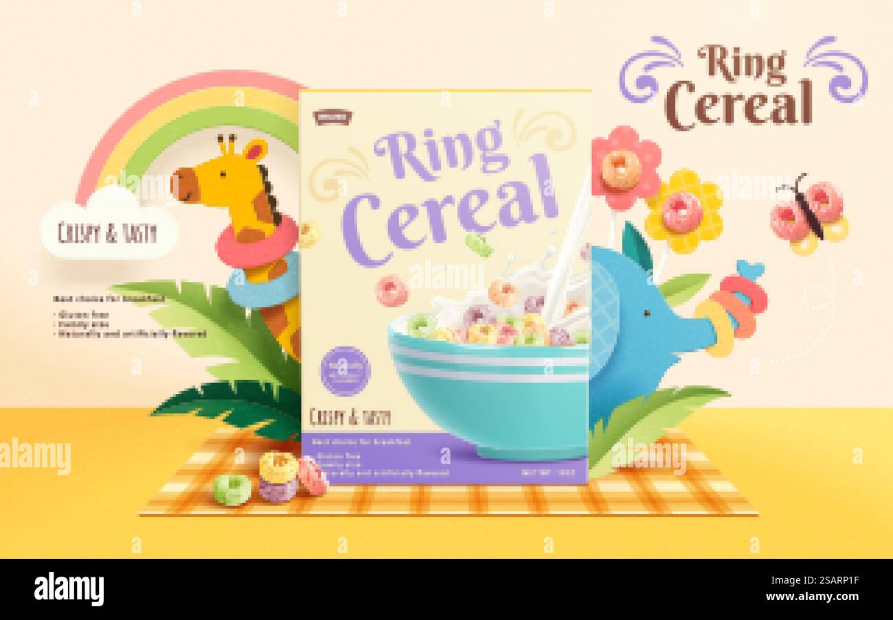 modèle d'annonce de céréales d'anneau croustillant 3d. Ensemble de maquettes de paquet de produits sur un tapis de pique-nique, décoré de papillons, de fleurs et d'animaux de zoo mignons. Fond d'affichage de boîte de céréales en anneau Illustration de Vecteur