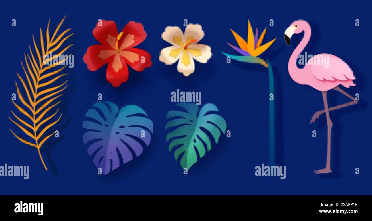 Ensemble d'éléments de conception tropicale 3D comprenant des feuilles, des fleurs et du flamant rose. Collection d'art de papier coloré isolé sur fond bleu.. Ensemble d'éléments de design tropical Illustration de Vecteur