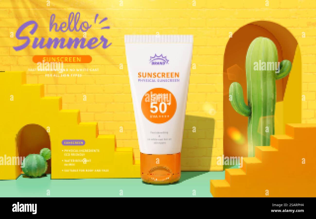 modèle d'annonce 3d pour l'affichage de produits de soins de la peau d'été. Tube de protection solaire placé devant le mur de briques jaunes et les escaliers. Publicité cosmétique avec scène de mur de briques Illustration de Vecteur